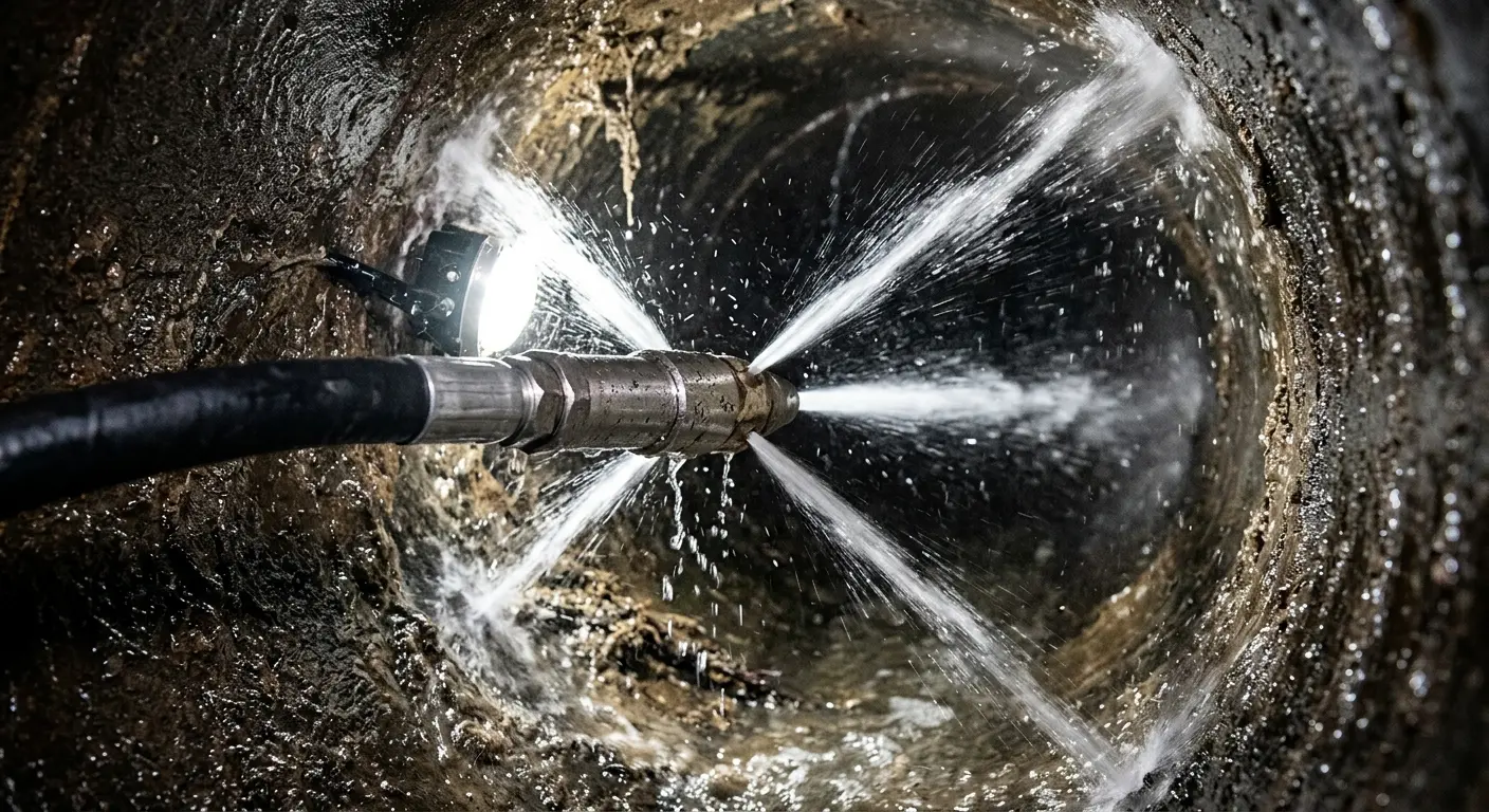 High-pressure hydro jetting nozzle cleaning sewer pipe for Emergency Drain Service in Radnor
