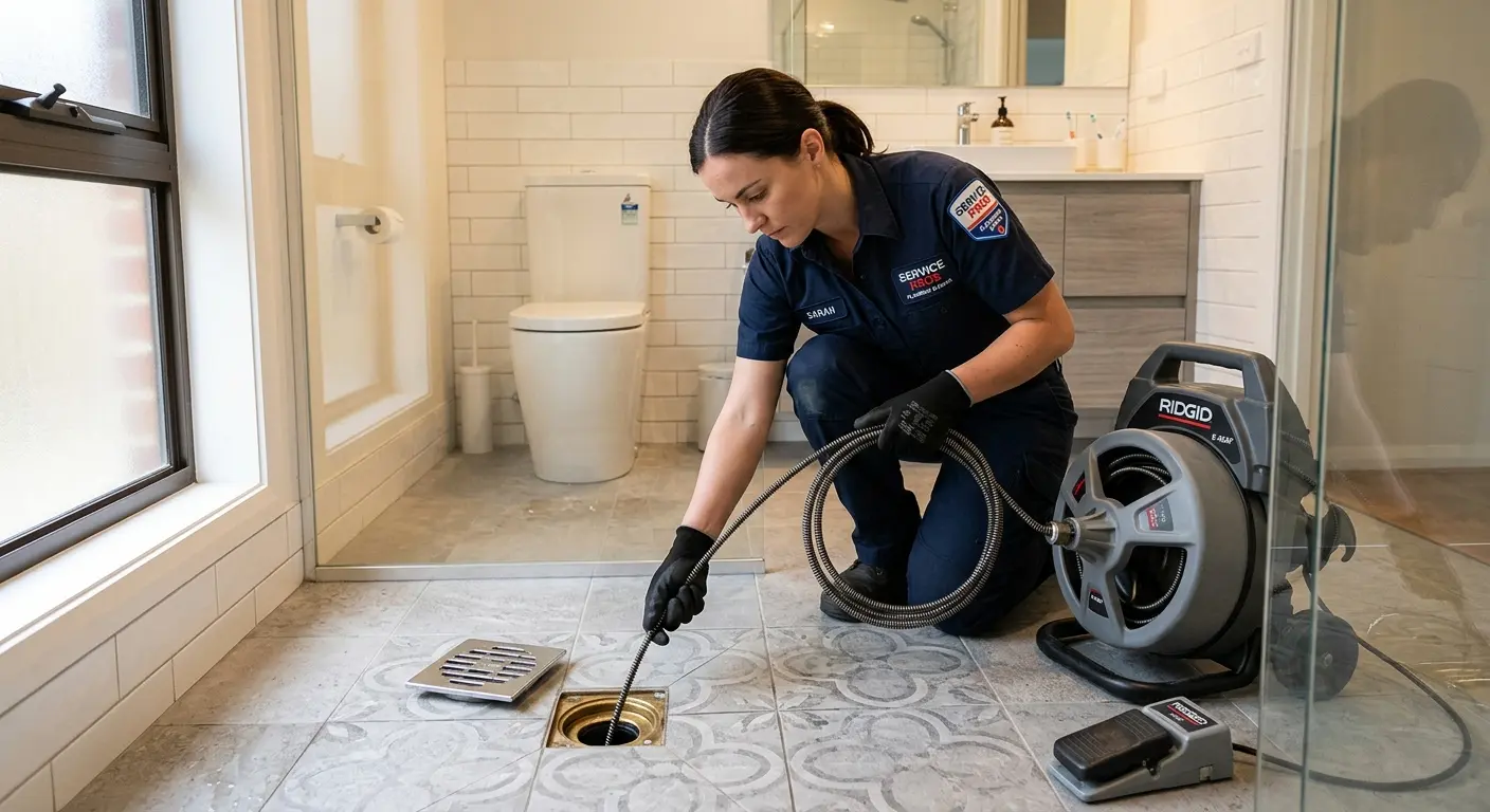 Technician clearing a bathroom floor drain for Drain Cleaning in Radnor